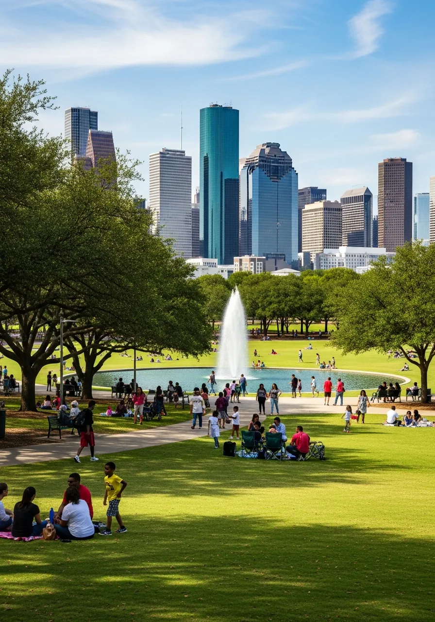 Houston skyline beyond a lively downtown park